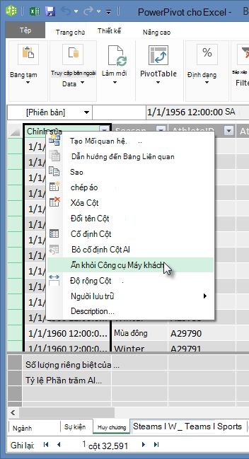 để ẩn các trường bảng khỏi Công cụ Máy khách Excel
