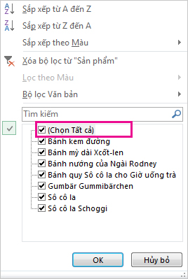 Hộp Chọn Tất cả trong bộ sưu tập Sắp xếp và Lọc