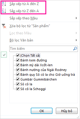 Sắp xếp các lệnh trong bộ sưu tập Sắp xếp và Lọc