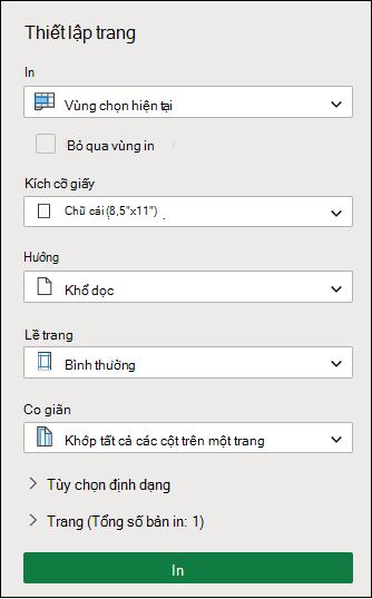 In Vùng chọn Hiện tại trong Excel cho web