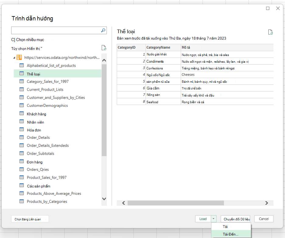 Thiết lập kết Power Query cho Python trong Excel. Chọn bảng Thể loại từ OData.