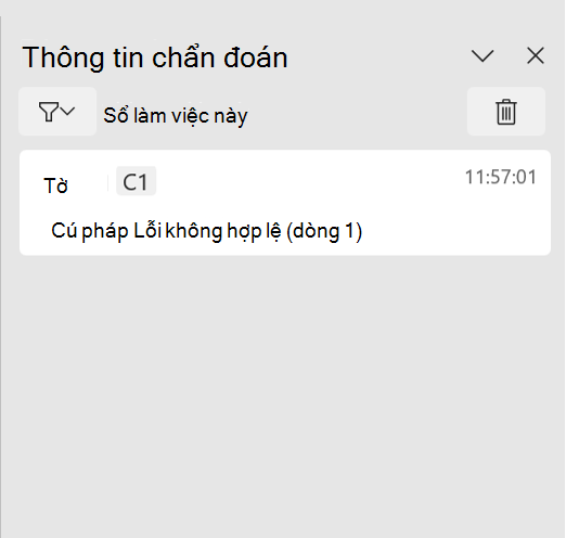 Ngăn tác vụ chẩn đoán Python trong Excel, hiển thị lỗi cú pháp.