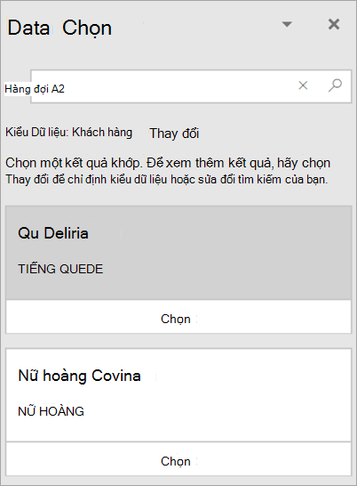 Ảnh chụp màn hình ngăn Bộ chọn Dữ liệu.
