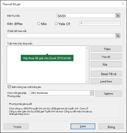 Hình ảnh hộp thoại Trình giải Excel 2010+