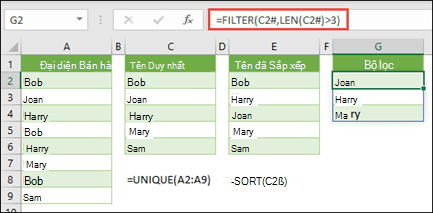 Toán tử dải ô tràn (#) để tham chiếu toàn bộ dải ô mảng bị tràn với =FILTER(C2#,LEN(C2#)>3)