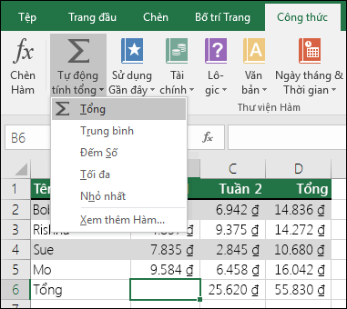 Bạn có thể sử dụng Trình hướng dẫn Tự Tính tổng để tự động xây dựng công thức Tổng. Chọn một phạm vi ở trên/dưới hoặc bên trái/phải của phạm vi cần tính tổng, rồi đi đến tab Công thức trên Dải băng, sau đó chọn Tự Tính tổng & hàm SUM.