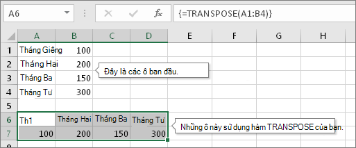 Các ô ban đầu ở trên, các ô có hàm TRANSPOSE ở dưới