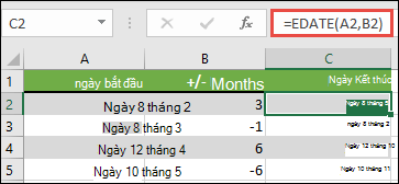 Dùng hàm EDATE để cộng hoặc trừ các tháng từ một ngày. Trong trường hợp này, =EDATE(A2,B2) trong đó A2 là ngày và B2 chứa số tháng cần cộng hoặc trừ.