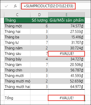 Ảnh chụp màn hình hiển thị công thức trong ô E15 hiển thị một #VALUE! vì có một #VALUE! ở cột E.