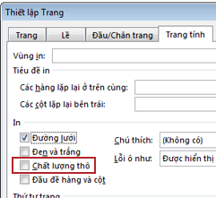 Tab trang tính trong hộp thoại Thiết lập Trang