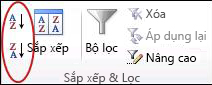 Các nút Sắp xếp trong nhóm Sắp & Lọc trên tab Dữ liệu trong Excel