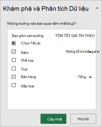 Chọn trường bạn muốn bao gồm và cập nhật để nhận đề xuất mới.