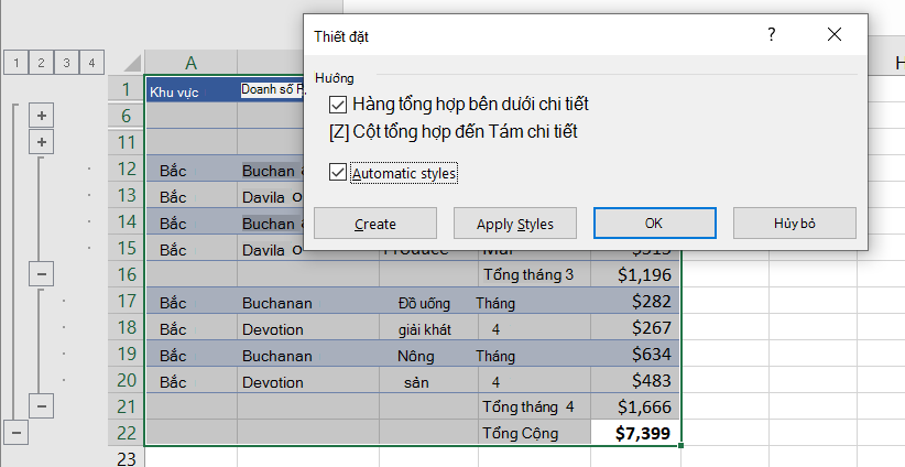 Hộp thoại Thiết đặt với Kiểu Tự động được chọn
