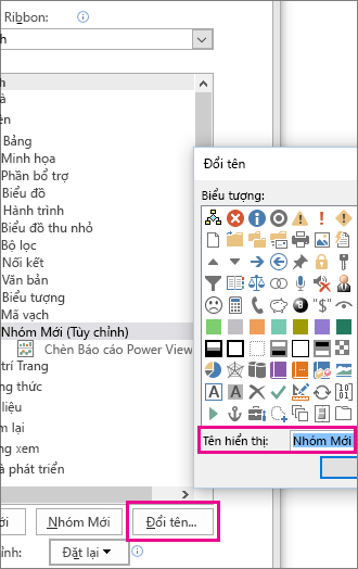 Nút Đổi tên trong hộp thoại Tùy chỉnh Ribbon