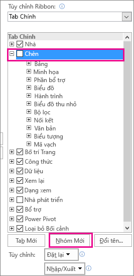 Nút Nhóm Mới trong phần Tùy chỉnh Ribbon trong tùy chọn Excel