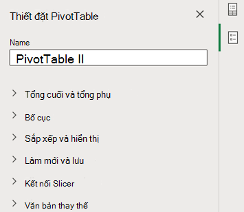 Ngăn Thiết đặt PivotTable trong Excel cho web