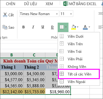 thêm viền vào bảng hoặc phạm vi dữ liệu