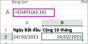 dùng công thức EDATE để thêm tháng vào ngày