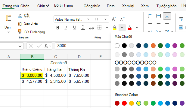 Ảnh chụp màn hình của chọn một màu văn bản khác.