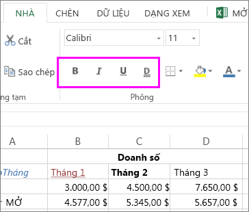 nhóm nút Phông chữ dùng để thay đổi kiểu phông chữ trong ô