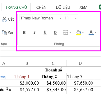 Các nút thiết đặt phông trên Ribbon