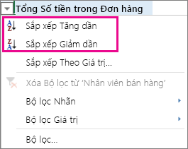 Các tùy chọn sắp xếp Tăng dần hoặc Giảm dần