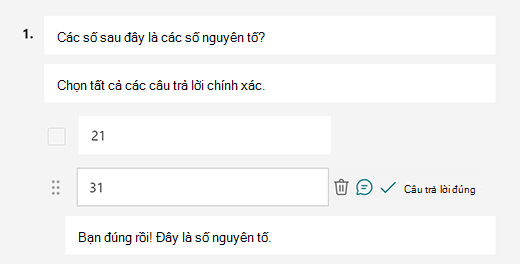 Thông báo trả lời chính xác tùy chỉnh trong Microsoft Forms