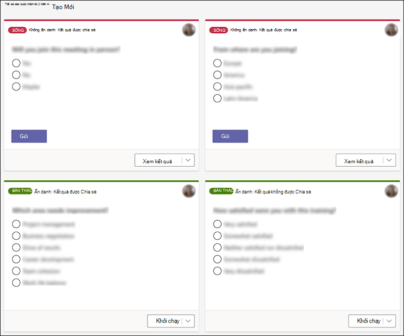 Các cuộc thăm dò ý kiến bằng Microsoft Forms được tạo trong Teams ở nhiều tiểu bang khác nhau, chẳng hạn như trực tiếp và nháp