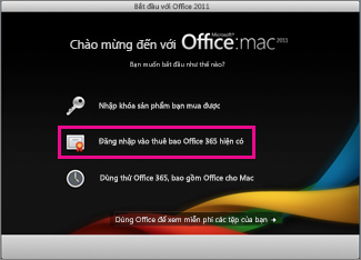 Trang chủ cài đặt Office cho Mac, nơi bạn đăng nhập vào thuê bao Office 365 hiện có.