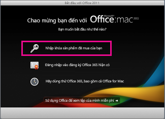 Màn hình kích hoạt trong office cho mac