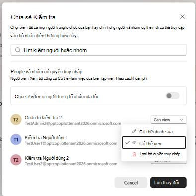 Ảnh chụp màn hình hiển thị cài đặt chia sẻ cho một bộ nhận diện thương hiệu, bao gồm mọi người, nhóm và quyền xem hoặc chỉnh sửa.