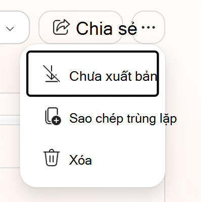 Ảnh chụp màn hình hiển thị Tùy chọn khác cho bộ nhận diện thương hiệu, bao gồm Hủy phát hành, Nhân đôi và Xóa.
