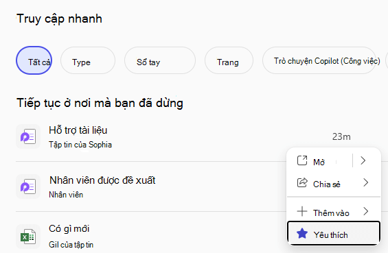 Ngăn Truy nhập Nhanh hiển thị các tệp gần đây và nút Yêu thích