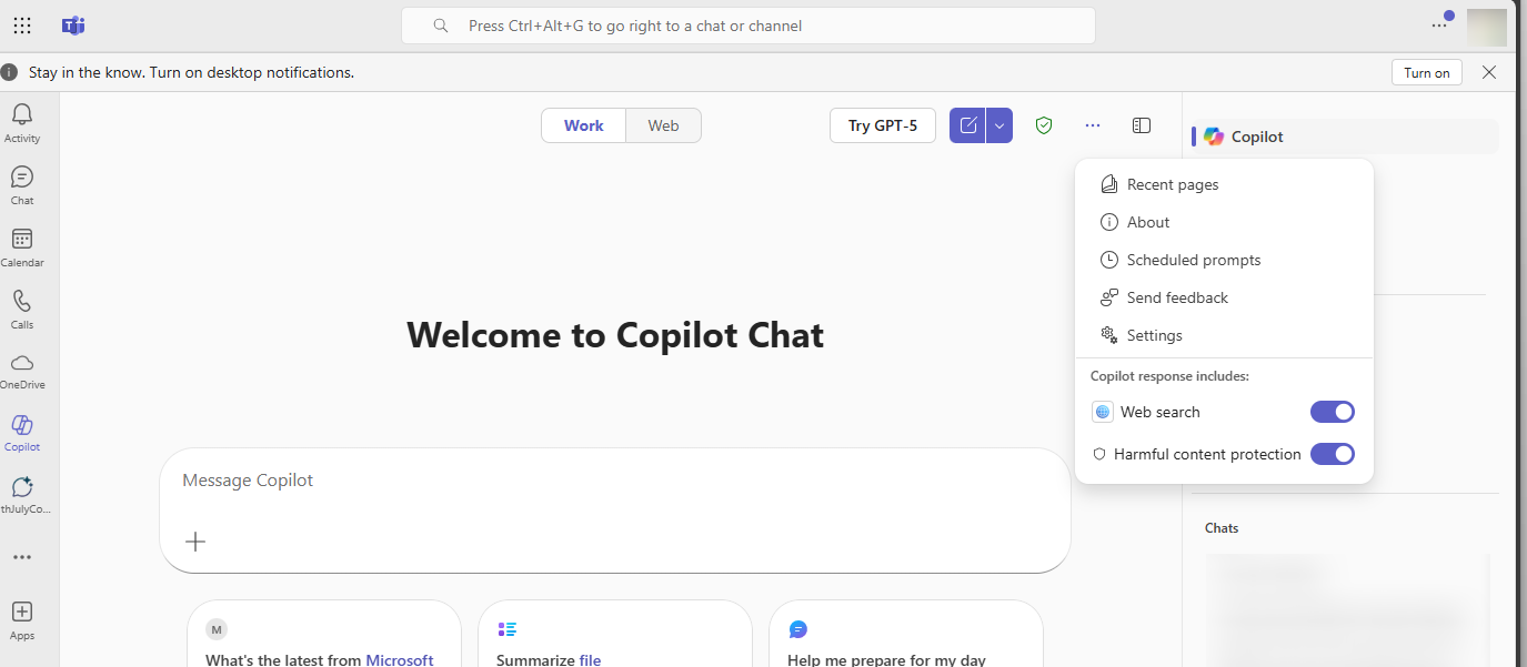 Ảnh chụp màn hình bật/tắt Tính năng bảo vệ nội dung có hại trong Microsoft 365 Copilot Chat
