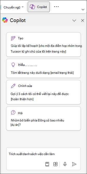 Nhập trích xuất danh sách việc cần làm trong ngăn Copilot trong OneNote