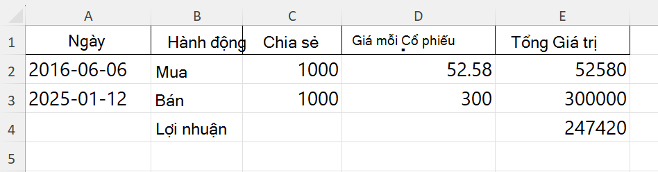 Bảng tính Excel hiển thị kết quả sử dụng Trình thông dịch mã Python để tính toán lợi nhuận.