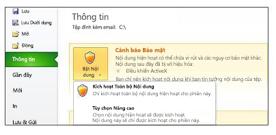 Thanh thông báo Cảnh báo Bảo mật Office với các tùy chọn Bật Nội dung