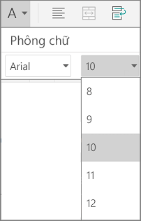 Menu cỡ phông trong Excel for Android