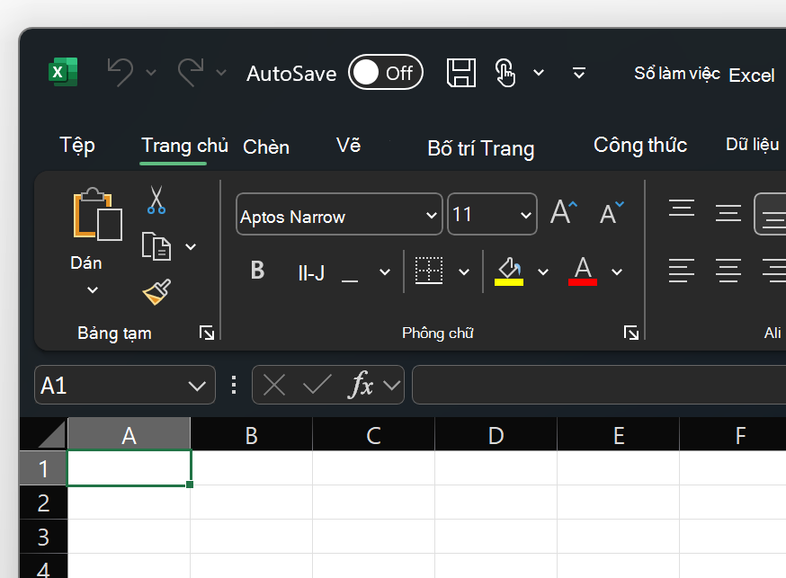 Ảnh chụp màn hình trên cùng bên trái của Excel với chủ đề Màu đen.