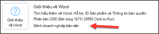 Chỉ báo Kênh doanh nghiệp bán niên trong phần Giới thiệu về Word của mục Thông tin sản phẩm.