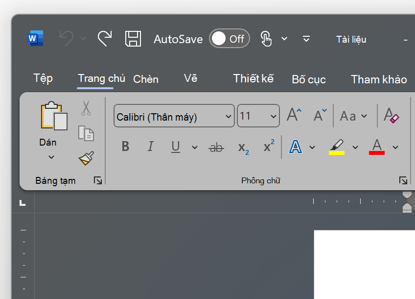 Ảnh chụp màn hình phần trên cùng bên trái của Word với chủ đề Xám Đậm.