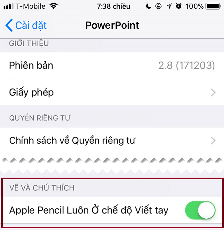 Trong Cài đặt ứng dụng, bạn có thể bật hoặc tắt tính năng viết tay tự động.