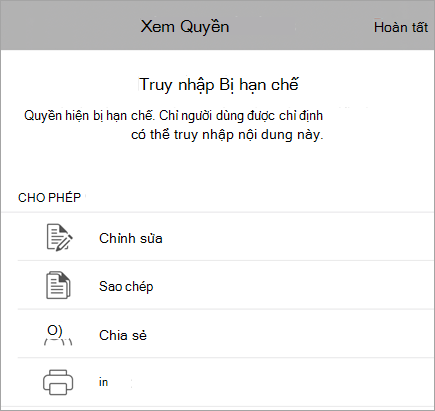 Ảnh chụp màn hình hộp thoại thể hiện các quyền IRM của người dùng.
