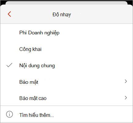 Ảnh chụp màn hình menu độ nhạy hiển thị các nhãn nhạy cảm sẵn có.