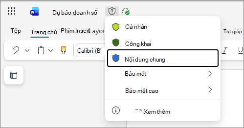 Danh sách thả xuống của các nhãn nhạy cảm trong Office cho web, sử dụng tài liệu Word làm ví dụ và tên nhãn chuẩn
