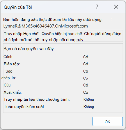 Ảnh chụp màn hình hộp thoại hiển thị các quyền của người dùng