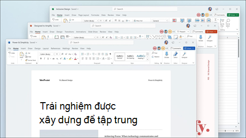 Word, Excel và PowerPoint được hiển thị với các cập nhật trực quan trong dải băng và các góc bo tròn để phù hợp với giao diện người dùng của Windows 11.