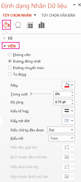 Tab Màu tô và Đường kẻ của ngăn tác vụ Định dạng Nhãn Dữ liệu
