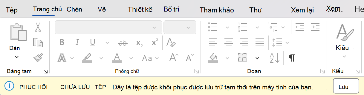 Ảnh chụp màn hình khôi phục phiên làm việc trong Word cho biết Khôi phục tệp chưa lưu: đây là tệp đã khôi phục được lưu trữ tạm thời trên máy tính của bạn. Bên cạnh đó là nút lưu.