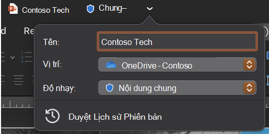 Danh sách thả xuống thanh tiêu đề được bung rộng hiển thị tên tệp, vị trí và độ nhạy cảm.